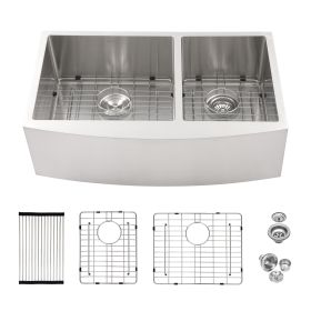 Double Bowl (60/40) Farmhouse Sink - 33"x21"x10" Stainless Steel Apron Front Kitchen Sink 16 Gauge with Two 10" Deep Basin