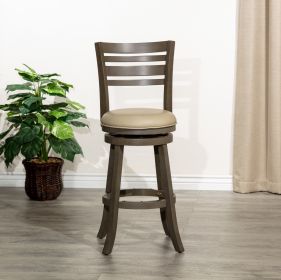 30" Bar Height Slat Back Swivel Stool, Weathered Gray Finish, French Gray Leather Seat