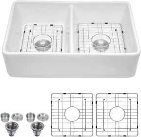 32" L x 20" W Double Basin Farmhouse Kitchen Sink with Basket Strainer