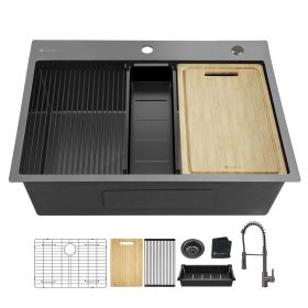 32x22inch Gunmetal Black workstation 18Gauge 304 Stainless Steel kitchen sink with Black Spraing Neck faucet