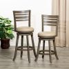 30" Bar Height Slat Back Swivel Stool, Weathered Gray Finish, French Gray Leather Seat