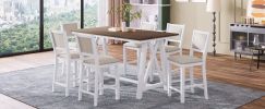 7-Piece Counter Height Farmhouse Wooden Dining Table Set, Rustic Kitchen Furniture Set with 6 Upholstered Dining Chairs